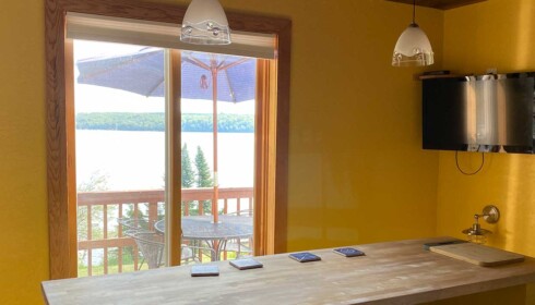 Cabin #2 Coffee Bar wood coffee bar with beautiful view of deck overlooking the lake