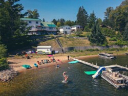vacationers enjoying the beach and lake on a summer day